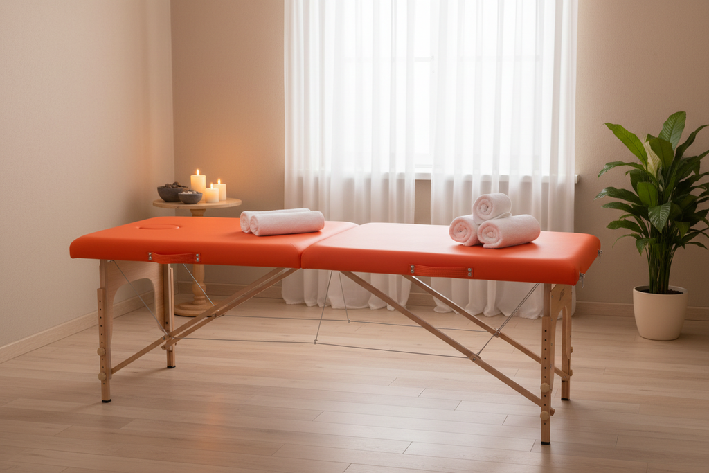 AH01N Orange Wooden Massage Table Scene
