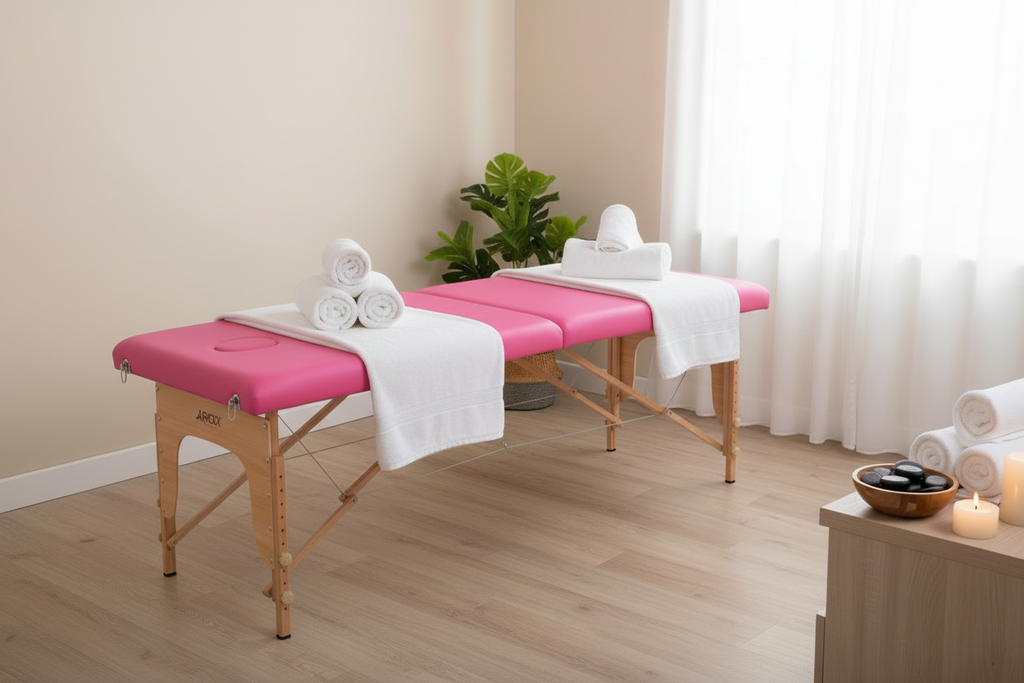 AH01N Pink Massage Table Scene with Towels
